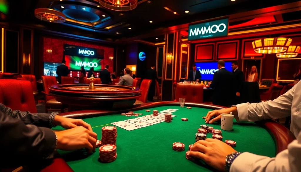 Players enjoying a high-stakes game at a luxurious poker table; MMOO themed setting.