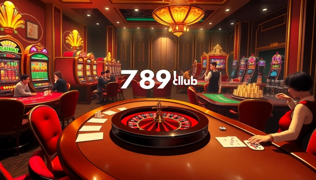 Players enjoying a thrilling game at 789club casino, featuring poker tables and vibrant slot machines.