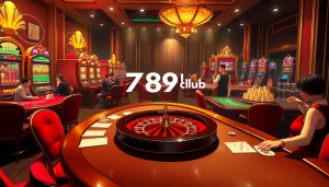 Players enjoying a thrilling game at 789club casino, featuring poker tables and vibrant slot machines.
