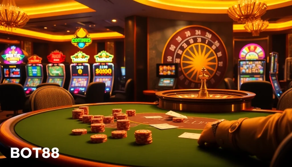 Experience high-stakes excitement at BOT88's luxurious casino with poker, slot machines, and roulette.