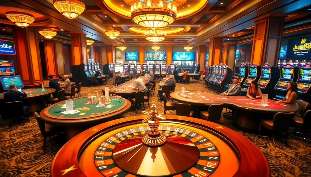 Experience the thrill of gambling at https://jun88.pizza/, featuring luxurious casino tables, chips, and online betting.