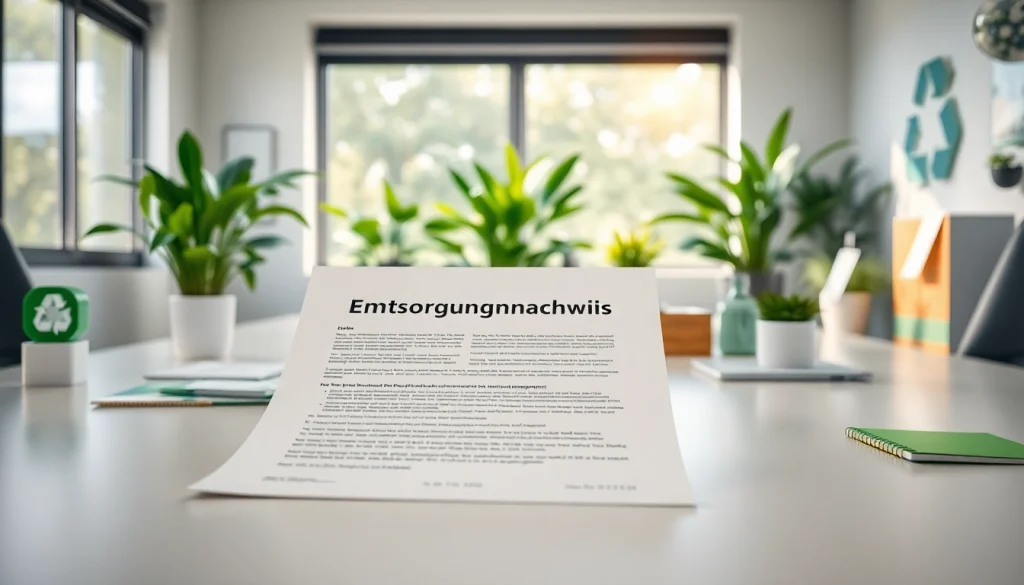 Entsorgungsnachweis auf einem modernen Schreibtisch, umgeben von Recycling-Symbolen und ökologischen Materialien.