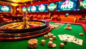 Engaging scene of rr88 đăng nhập with luxurious casino elements, including roulette, poker chips, and playing cards.