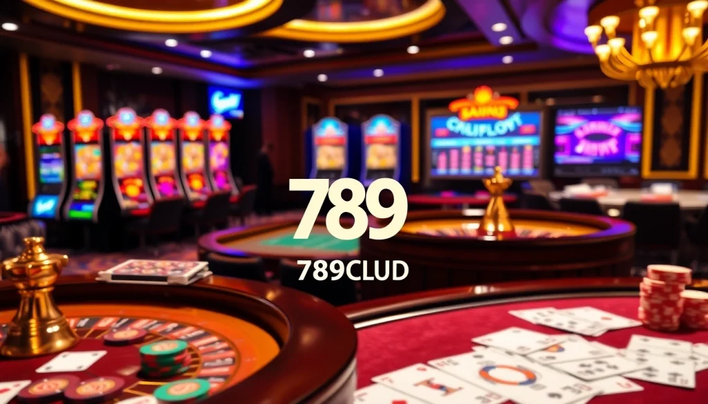 The cổng game 789club showcases thrilling casino action with vibrant slot machines, roulette wheels, and poker games.