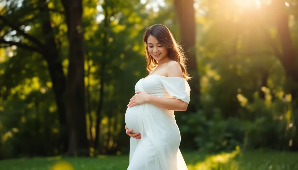 Schwangerschaftsfotografie einer werdenden Mutter, die glücklich ihren Babybauch umarmt.