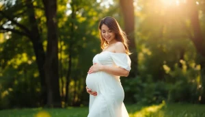 Schwangerschaftsfotografie einer werdenden Mutter, die glücklich ihren Babybauch umarmt.