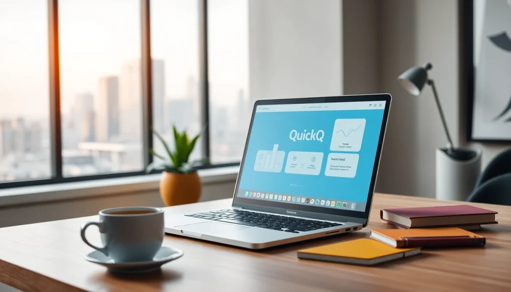 在时尚工作空间中的一台现代笔记本上展示的 QuickQ电脑版。