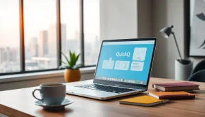 在时尚工作空间中的一台现代笔记本上展示的 QuickQ电脑版。