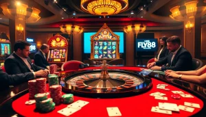 Betting excitement at FLY88 link with luxury casino tables and vibrant poker games.