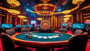 Engaging poker game scene with ok8386 branding, vibrant casino ambiance, and betting elements.