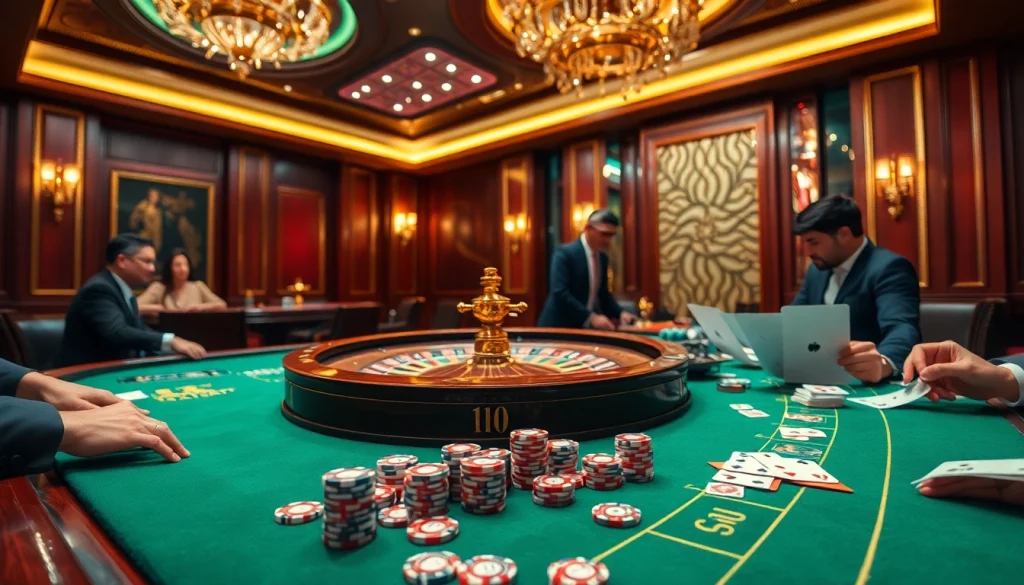 Exciting casino scene at qq88 com featuring poker chips, roulette wheel, and engaged players.