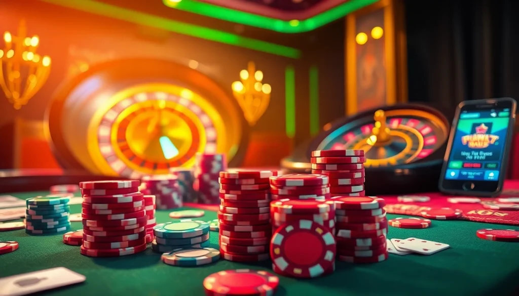 Exciting king88 casino gaming scene featuring poker chips, cards, and roulette.