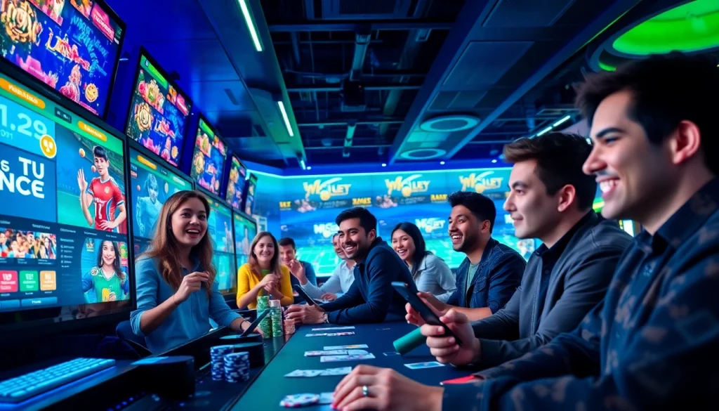 nhacaiuytin online betting scene with excited players and high-tech interface