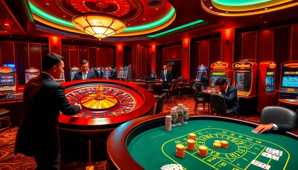 Experience the excitement of gambling at i9betcom's luxurious casino with poker tables and roulette wheels.