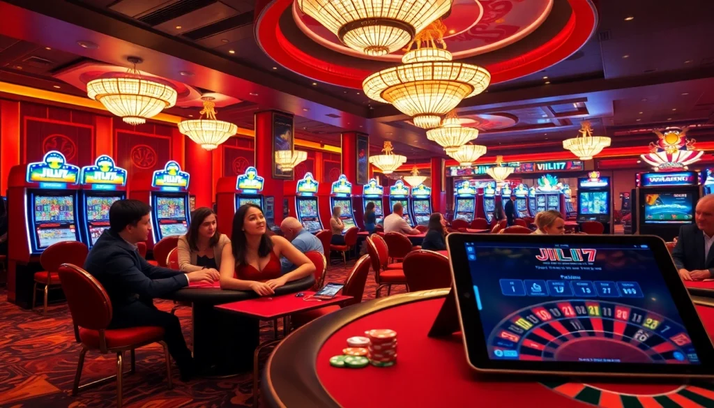 Experience thrilling gaming action with JILI7 at a luxurious casino, showcasing poker tables and roulette wheels.