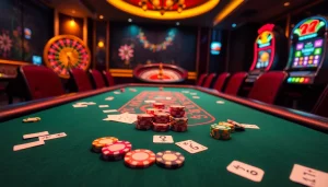Exciting casino scene with MM88 poker table, vibrant chips, cards, and roulette wheel.