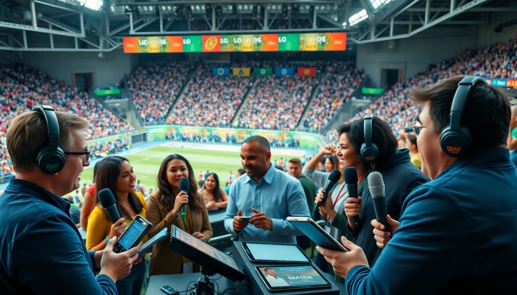 Sports Broadcasting live event with commentators and cheering crowd in vibrant atmosphere.