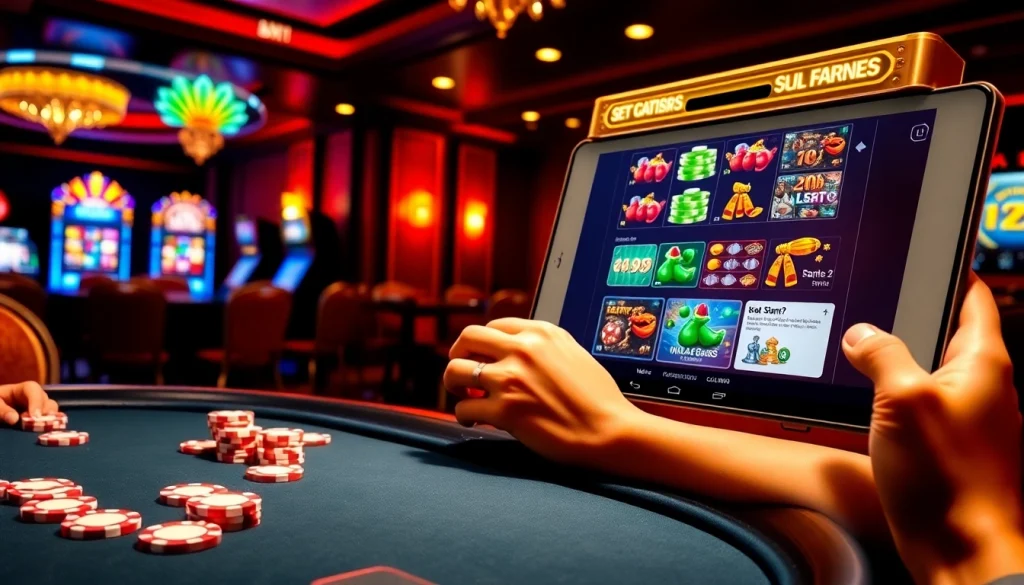 Sao789 players enjoying a thrilling poker game at an elegant casino table surrounded by vibrant digital slots.