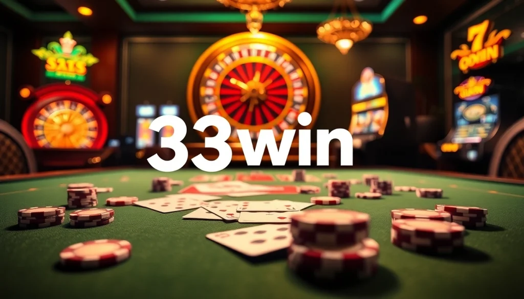 Players engaging at the 33win casino table, surrounded by vibrant slot machines and roulette wheels.