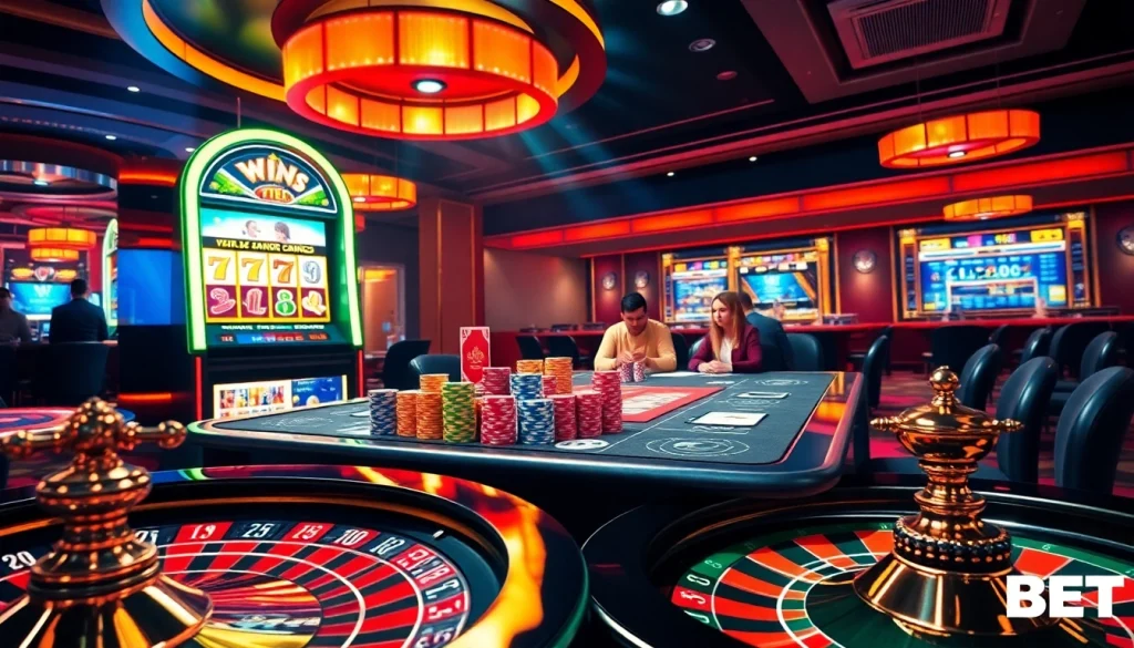 Experience the excitement of F88BET with a modern casino showcasing poker action and slot machines.