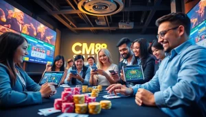 Exciting gaming scene showcasing CM88 online casino games with diverse players engaged on devices.