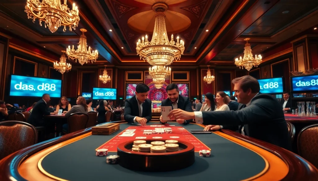 Play poker amid a luxurious setting showcasing da88 gaming elements and vibrant casino atmosphere.