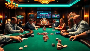 Experience the thrill of winning at https://f168.sarl/ with an elegant poker table scene featuring engaged players.