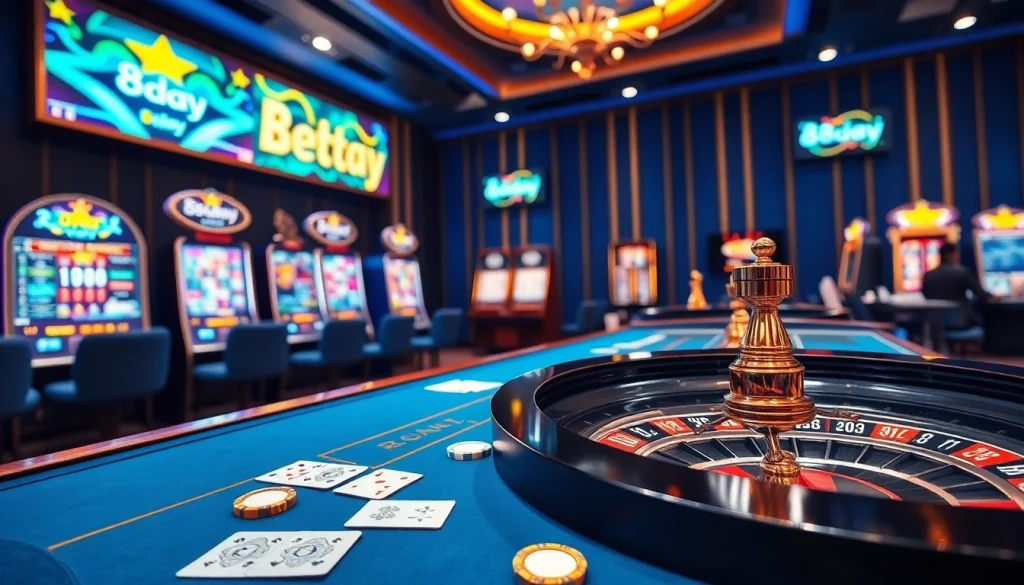 8day casino scene featuring vibrant gaming tables, roulette wheels, and dynamic online betting.
