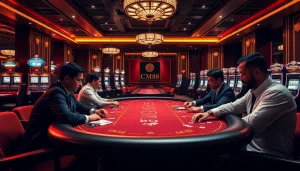 High-stakes poker action at a CM88-themed casino table with eager players.