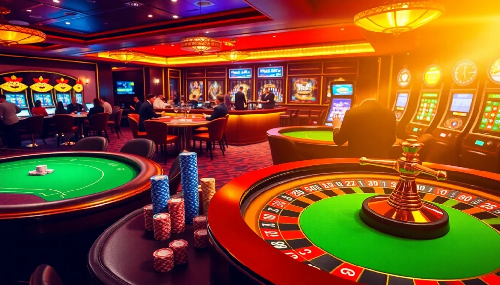 Experience the excitement of CM8888 in a luxurious casino setting with poker tables and vivid slot machines.