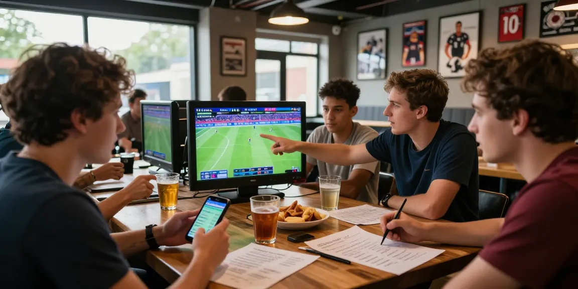 Exciting betting atmosphere at https://soikeonhacai.com.co/ with friends analyzing live football matches and odds at a modern sports bar.