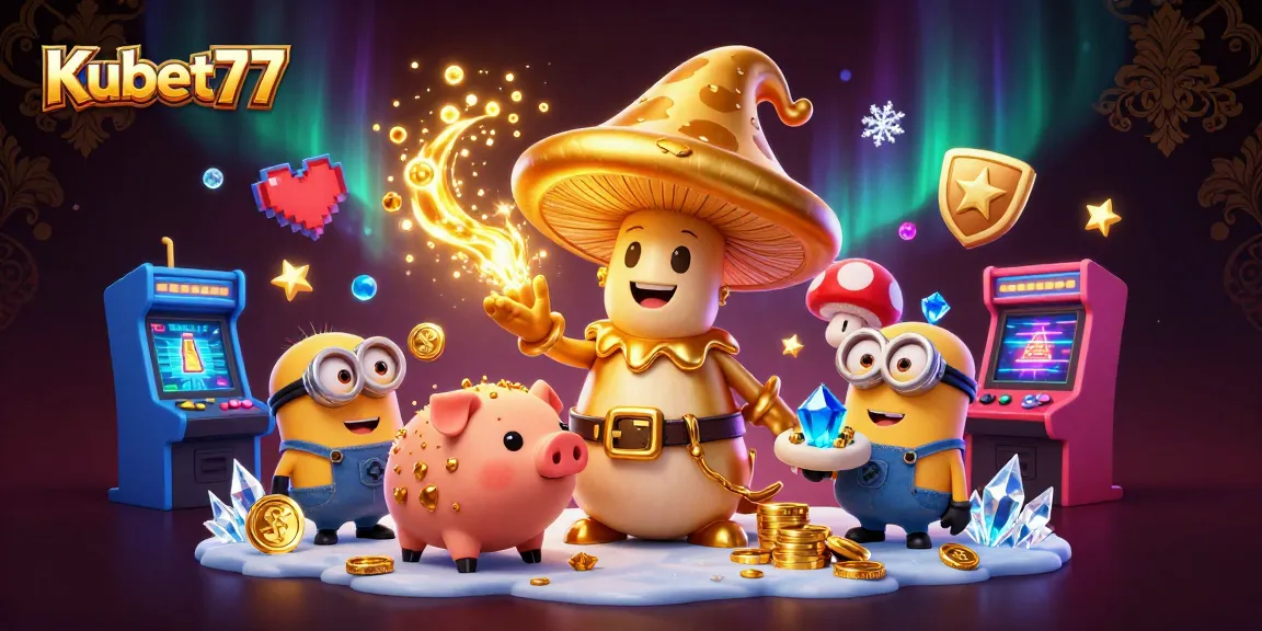 Kubet77 gamblers experience magic in a vibrant 3D casino scene with treasures and game elements.