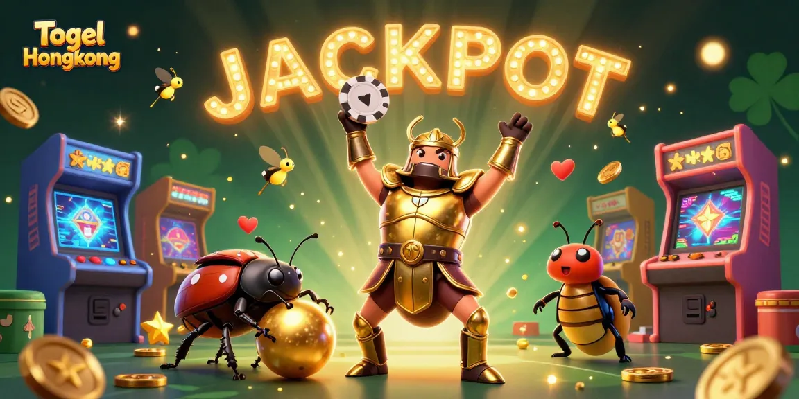 Celebrate Togel Hongkong with a vibrant 3D illustration showcasing casino elements and a winning beetle character.