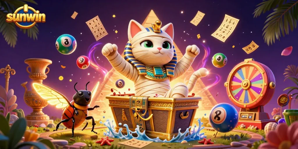 Play exciting casino games with sunwin, featuring an Egyptian mummy cat and colorful lottery elements.
