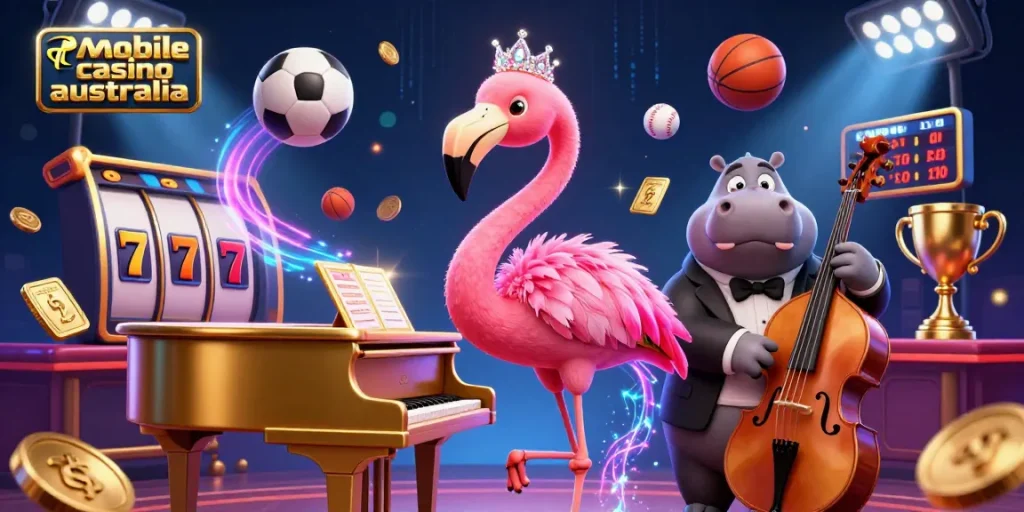 Experience the vibrant world of mobile casino australia with a flamingo singer and hippo bassist surrounded by dynamic gaming elements.