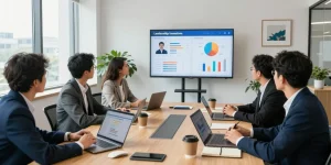 Bewertungsplattform Führung: Team diskutiert Feedback zu Führungskräften in modernem Büro