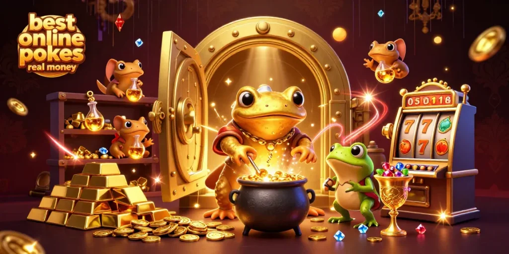 Engage with the best online pokies real money in this vibrant 3D casino illustration featuring a golden salamander alchemist.